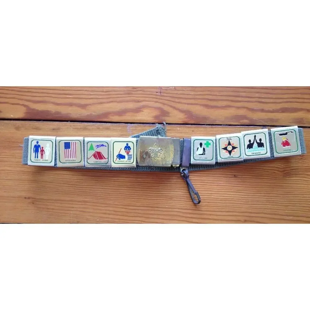 Vintage Cub Scout Belt with 8 Activity Badges Slides Brass Buckle 28
